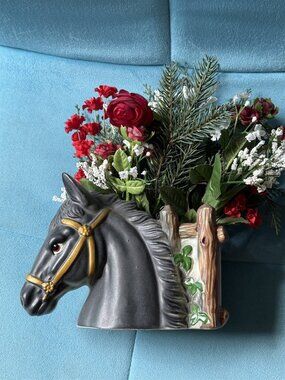 Vintage Rubens Horse Black Stallion By Fence Ceramic Planter Made In Japan